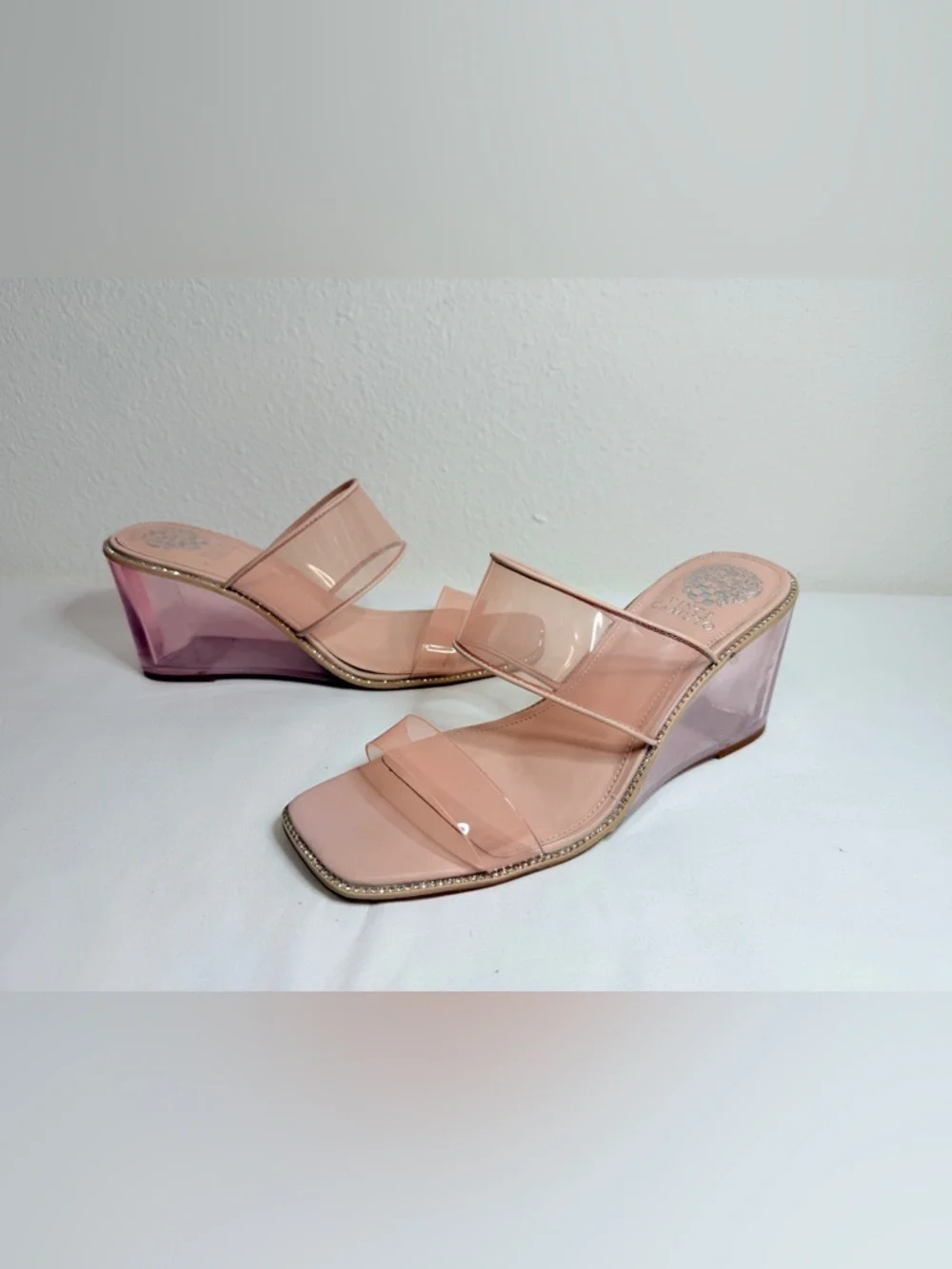 Vince Camuto Clear Pink Wedge Sandals Rhinestone Trim Size 9